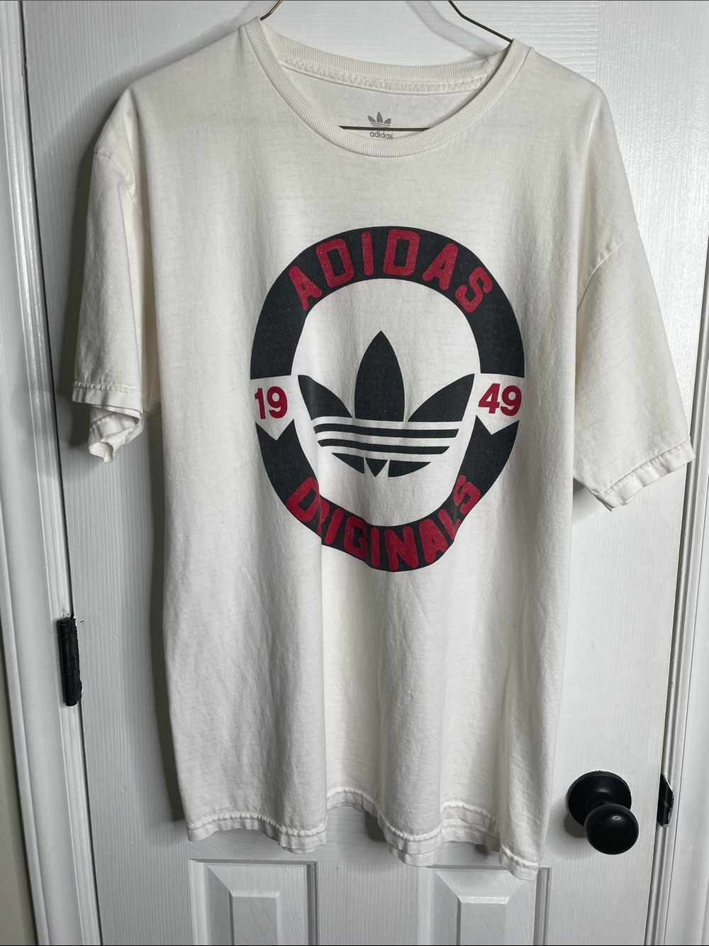 adidas Cream T-Shirt with Black & Red Trefoil Graphic
